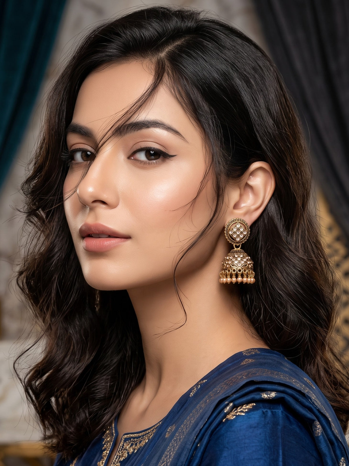 Oxidised Gold Plated, Stone and Pearl Studded Jhumka Earrings for Women and Girls