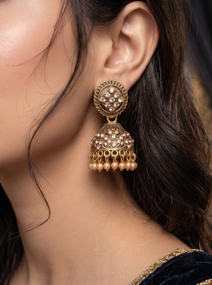 Oxidised Gold Plated, Stone and Pearl Studded Jhumka Earrings for Women and Girls