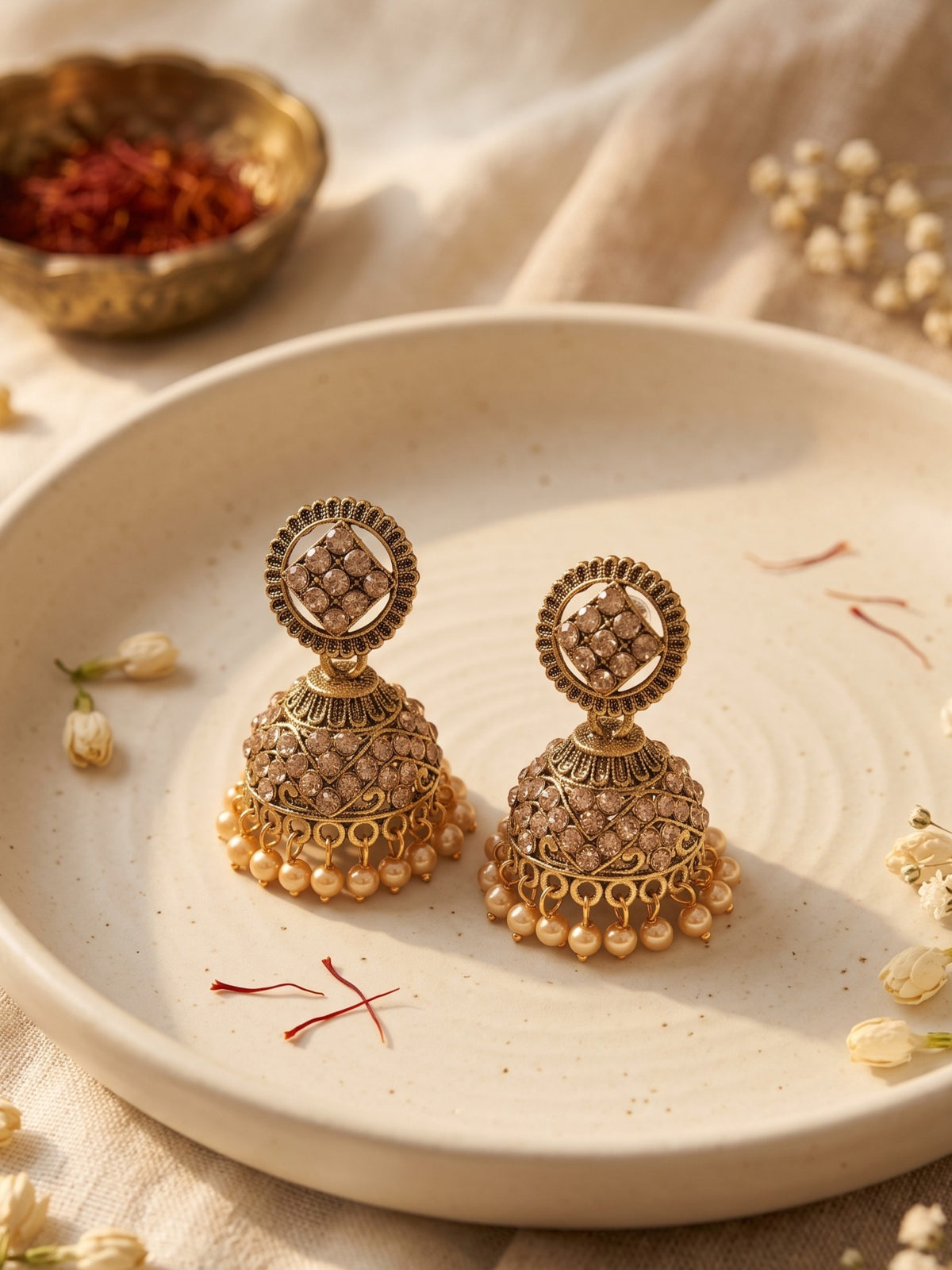 Oxidised Gold Plated, Stone and Pearl Studded Jhumka Earrings for Women and Girls