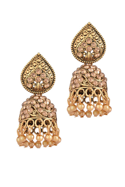 Oxidised Gold Plated, Stone and Pearl Studded Jhumka Earrings for Women and Girls