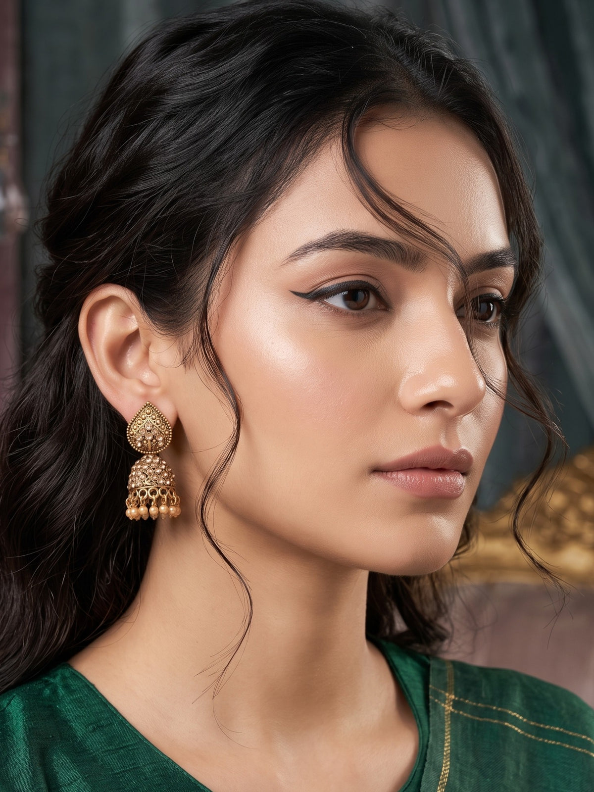Oxidised Gold Plated, Stone and Pearl Studded Jhumka Earrings for Women and Girls