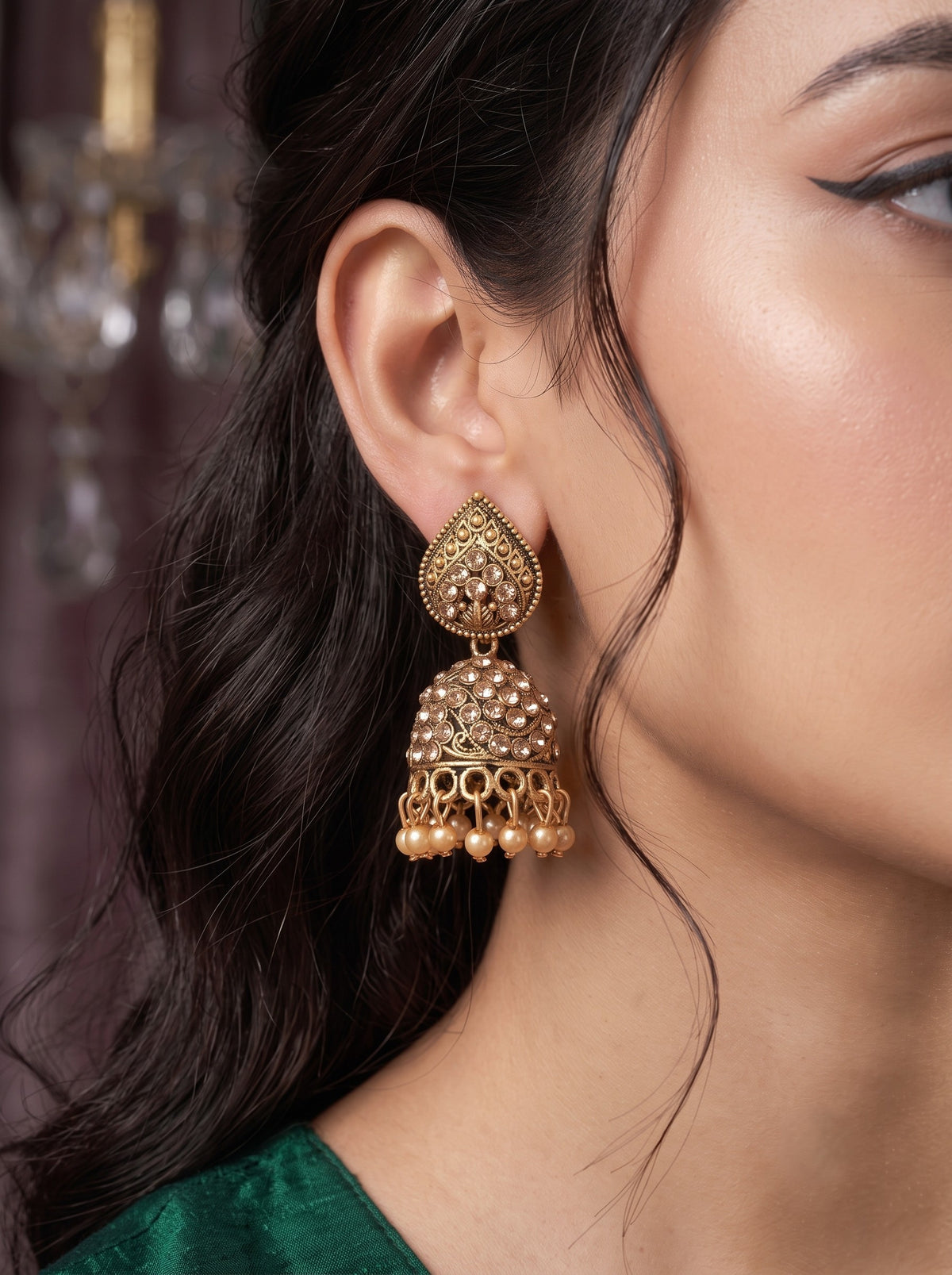 Oxidised Gold Plated, Stone and Pearl Studded Jhumka Earrings for Women and Girls