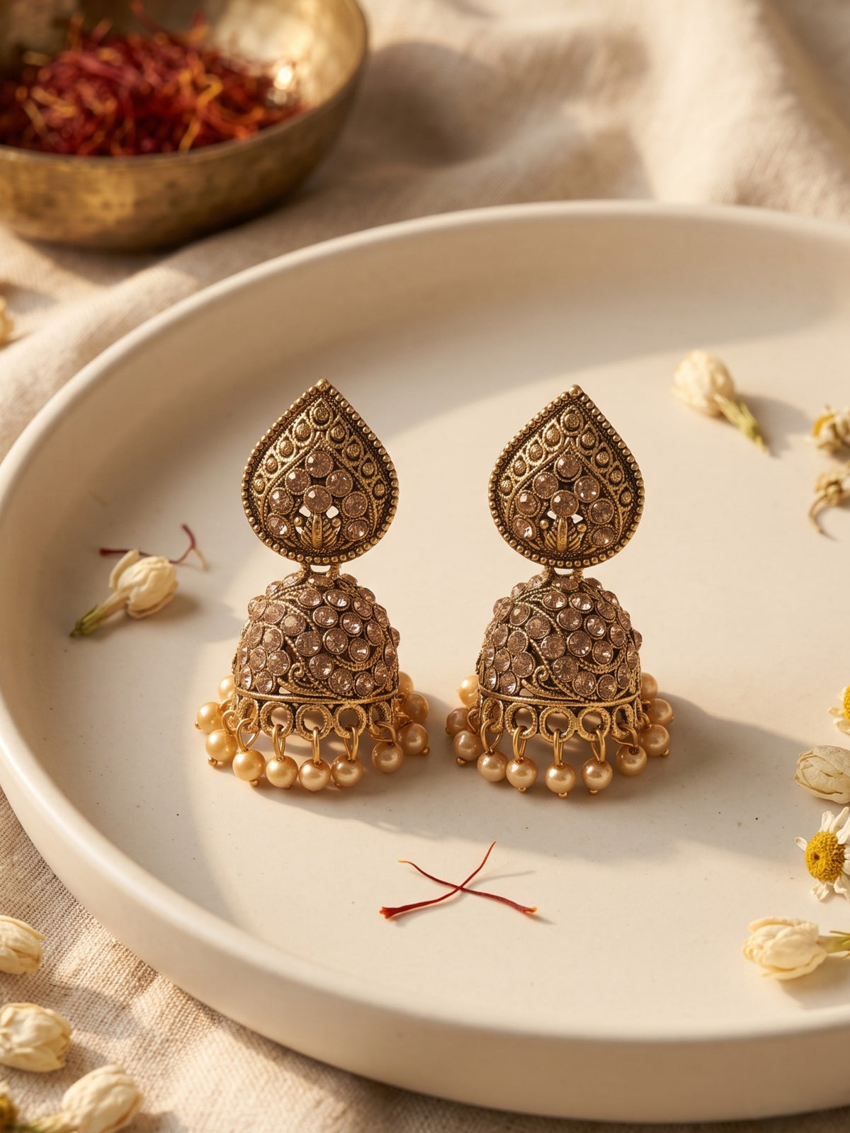 Oxidised Gold Plated, Stone and Pearl Studded Jhumka Earrings for Women and Girls