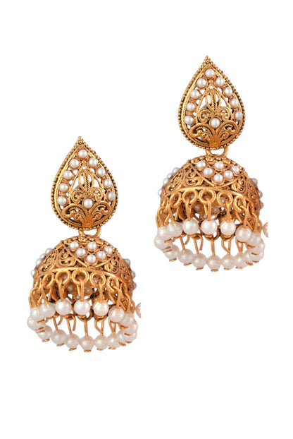 Oxidised Gold Plated, Stone and Pearl Studded Jhumka Earrings for Women and Girls