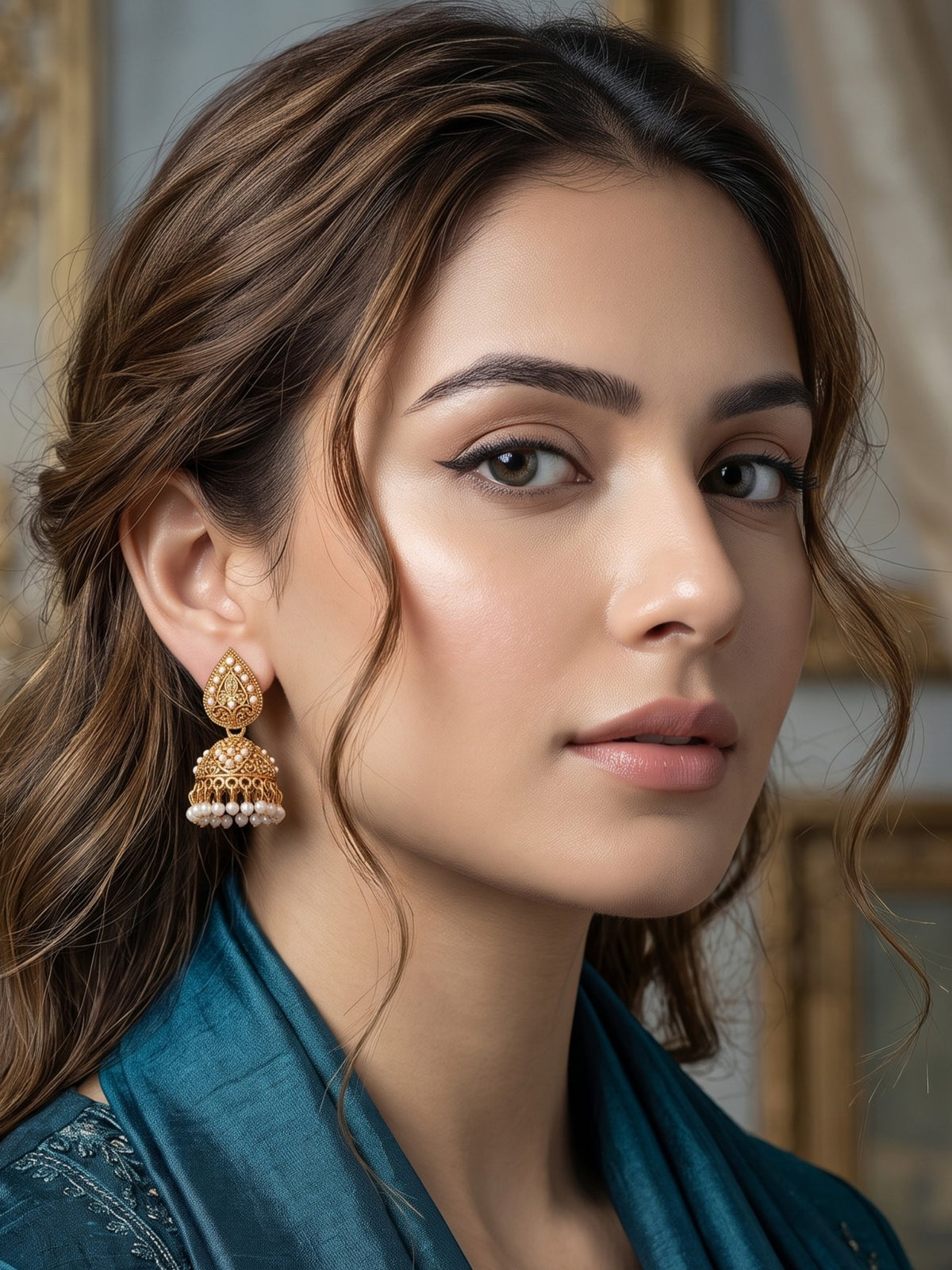 Oxidised Gold Plated, Stone and Pearl Studded Jhumka Earrings for Women and Girls