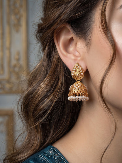 Oxidised Gold Plated, Stone and Pearl Studded Jhumka Earrings for Women and Girls