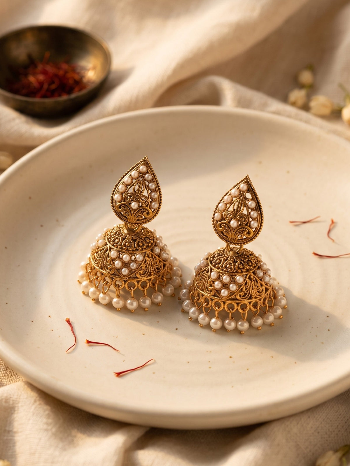 Oxidised Gold Plated, Stone and Pearl Studded Jhumka Earrings for Women and Girls