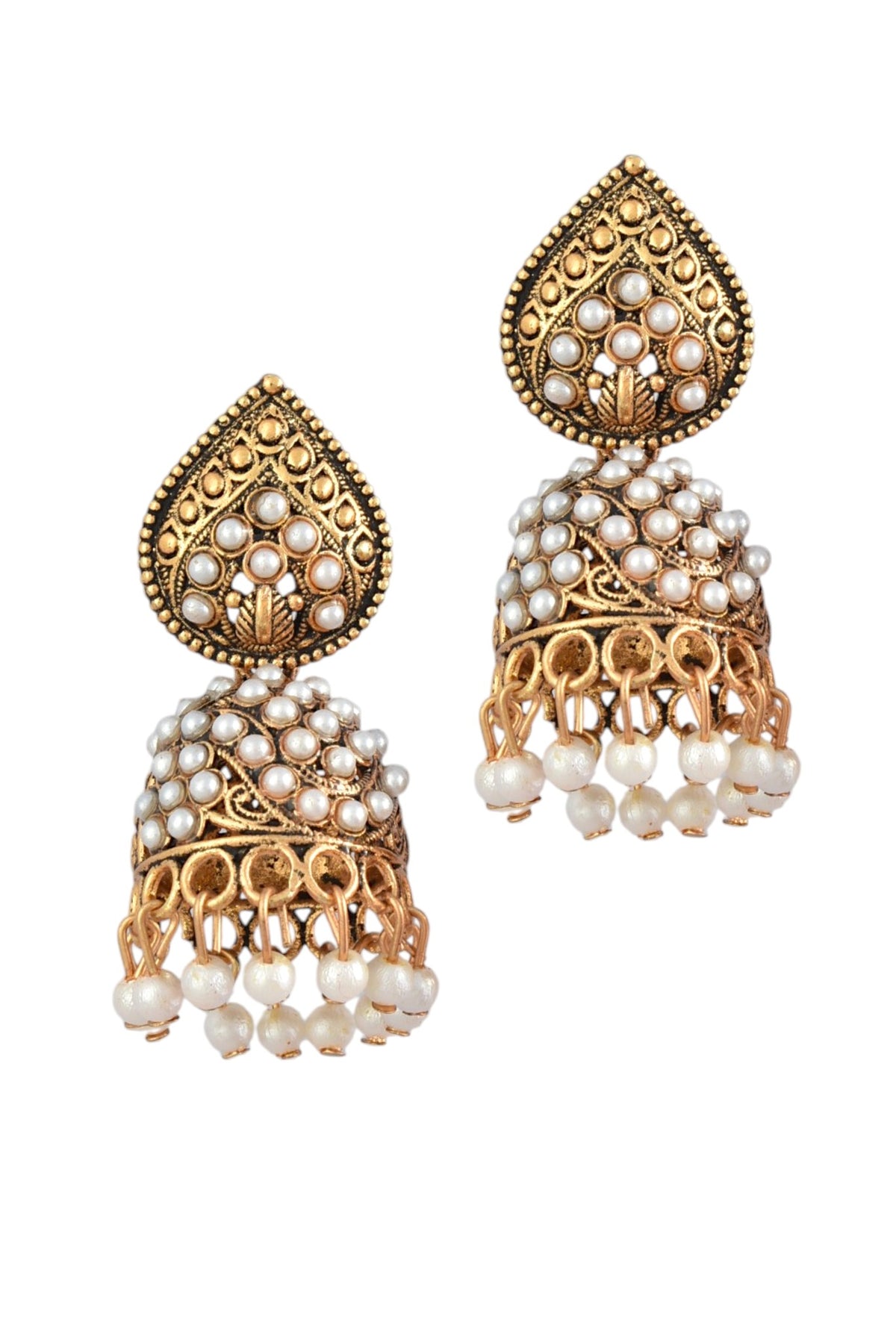 Oxidised Gold Plated, Stone and Pearl Studded Jhumka Earrings for Women and Girls