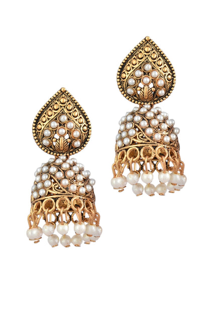 Oxidised Gold Plated, Stone and Pearl Studded Jhumka Earrings for Women and Girls