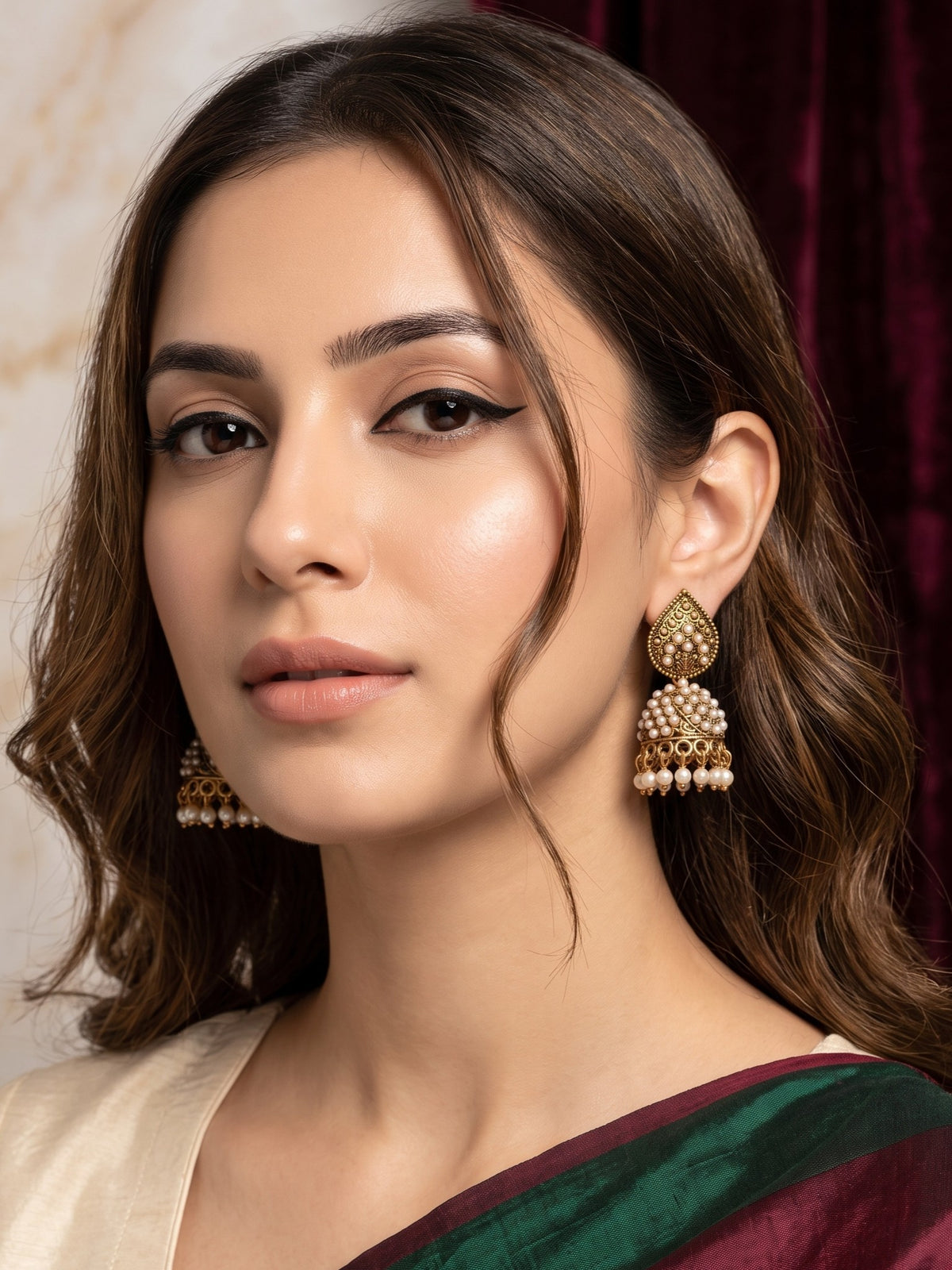 Oxidised Gold Plated, Stone and Pearl Studded Jhumka Earrings for Women and Girls