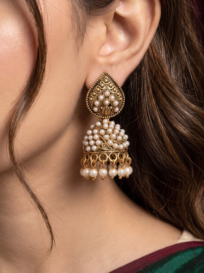 Oxidised Gold Plated, Stone and Pearl Studded Jhumka Earrings for Women and Girls