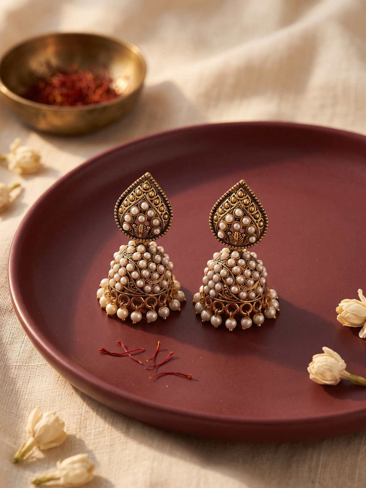 Oxidised Gold Plated, Stone and Pearl Studded Jhumka Earrings for Women and Girls