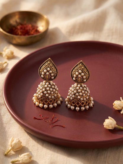 Oxidised Gold Plated, Stone and Pearl Studded Jhumka Earrings for Women and Girls