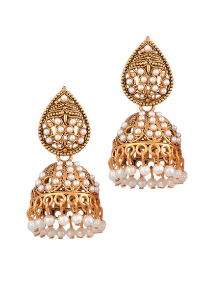 Oxidised Gold Plated, Stone and Pearl Studded Jhumka Earrings for Women and Girls