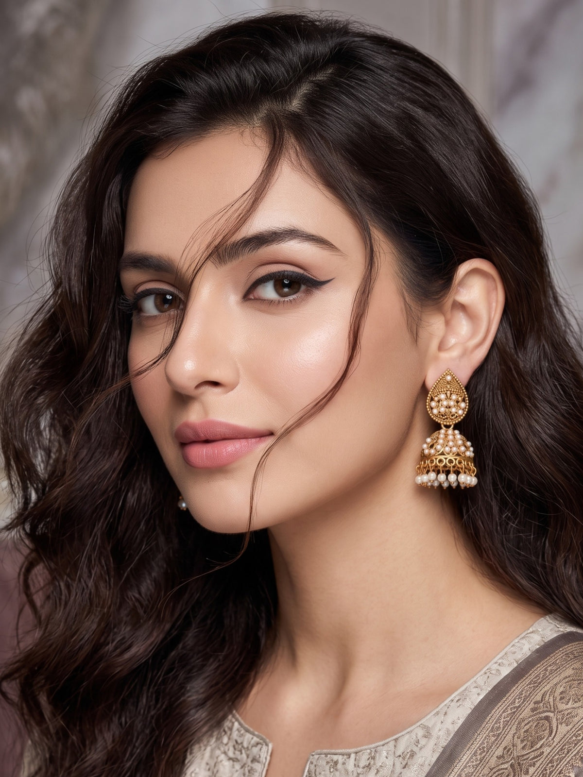 Oxidised Gold Plated, Stone and Pearl Studded Jhumka Earrings for Women and Girls