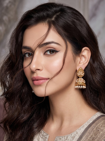 Oxidised Gold Plated, Stone and Pearl Studded Jhumka Earrings for Women and Girls