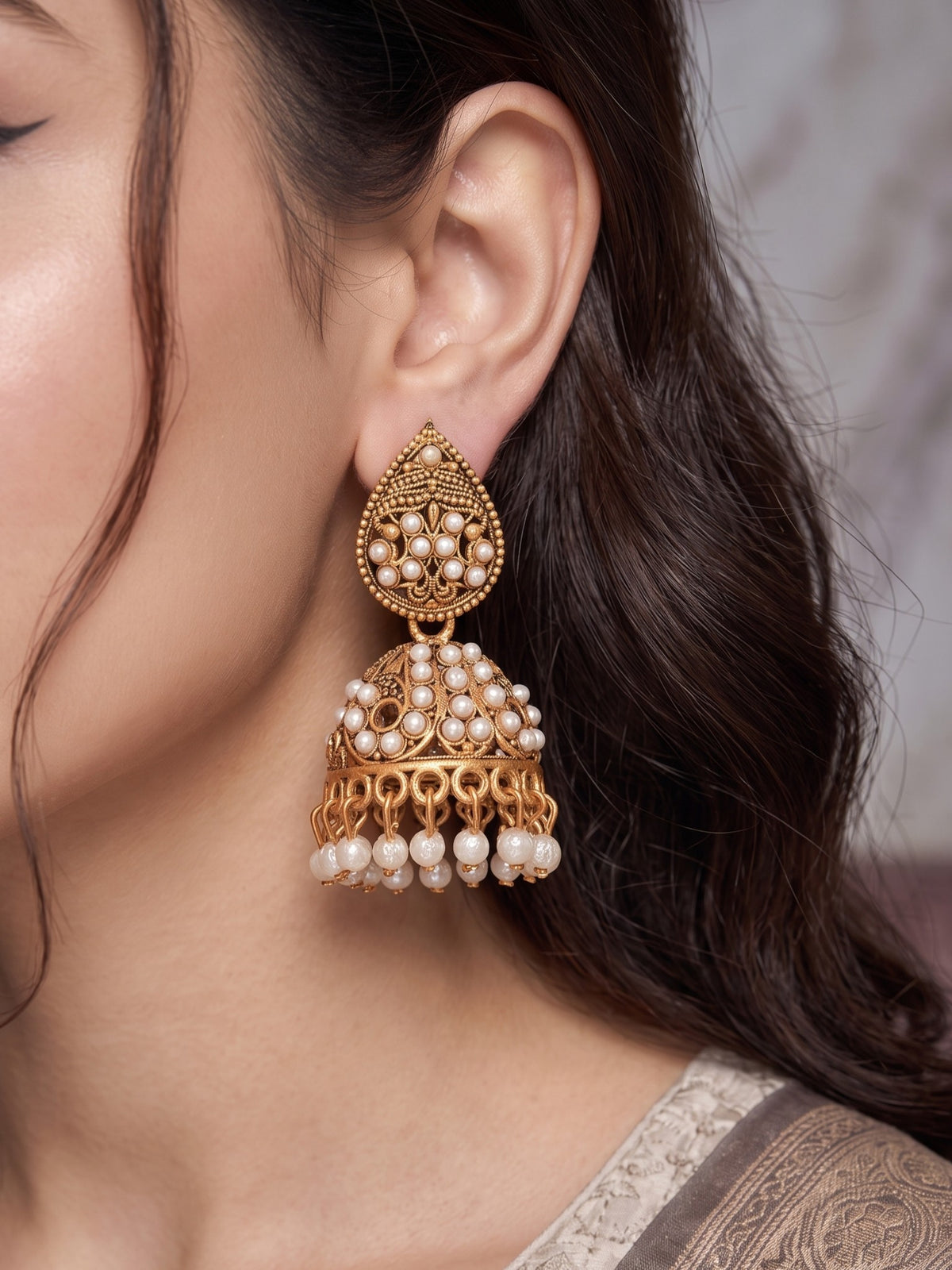 Oxidised Gold Plated, Stone and Pearl Studded Jhumka Earrings for Women and Girls