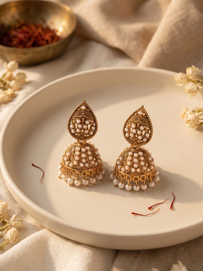 Oxidised Gold Plated, Stone and Pearl Studded Jhumka Earrings for Women and Girls