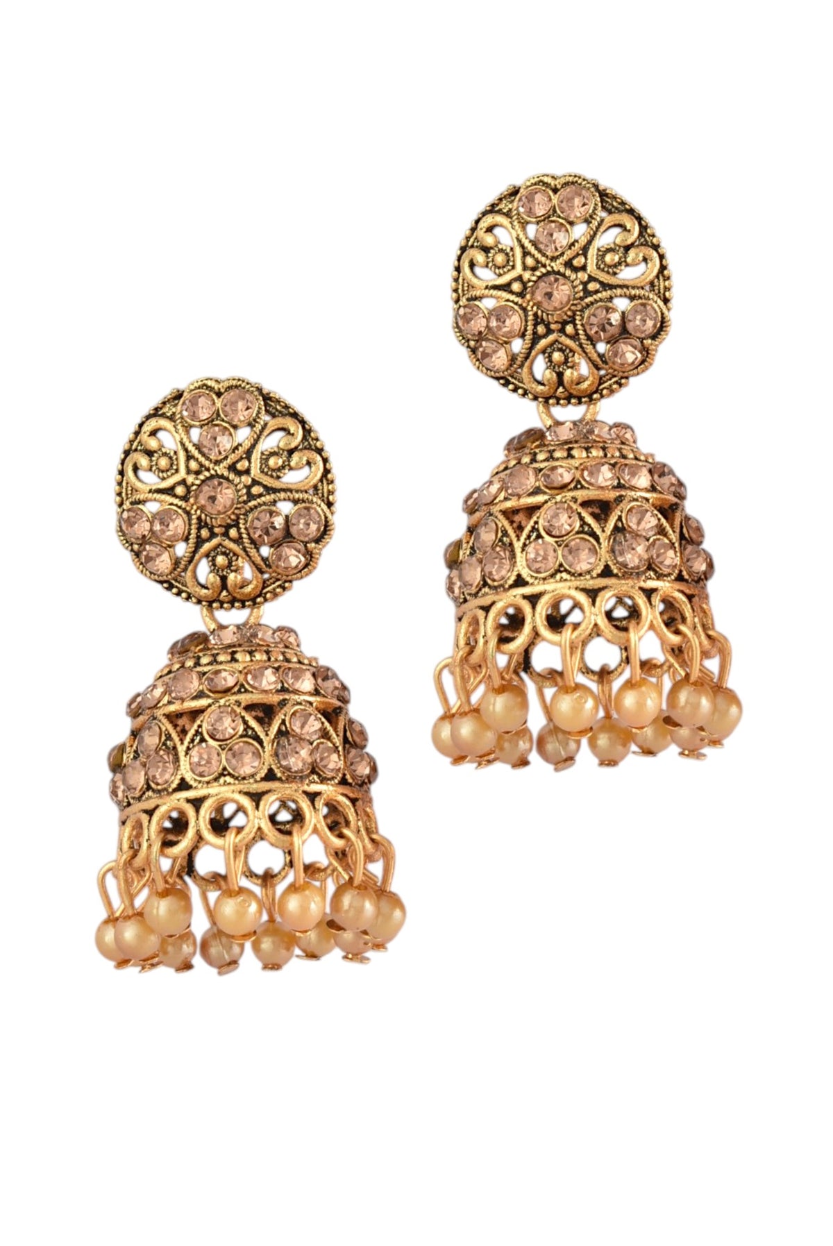 Oxidised Gold Plated, Stone and Pearl Studded Jhumka Earrings for Women and Girls