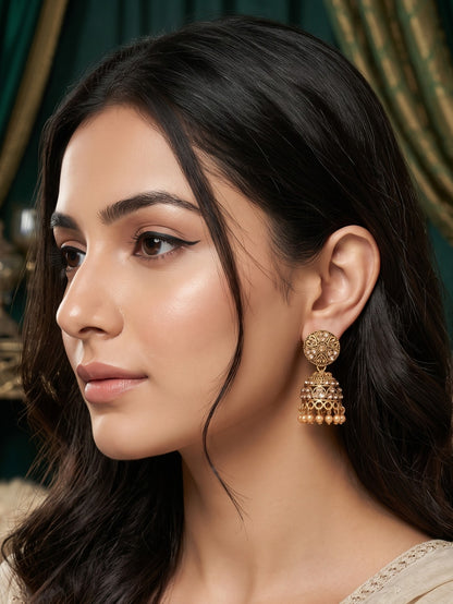 Oxidised Gold Plated, Stone and Pearl Studded Jhumka Earrings for Women and Girls