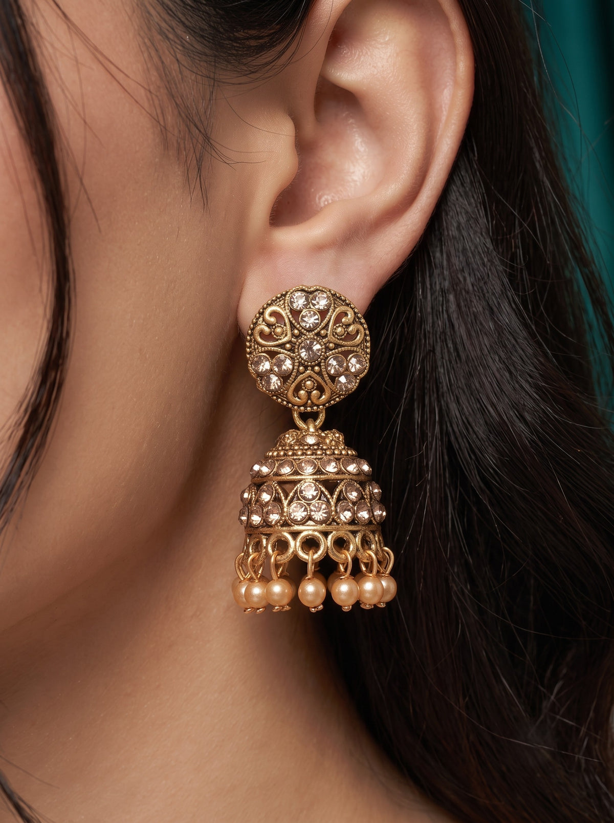 Oxidised Gold Plated, Stone and Pearl Studded Jhumka Earrings for Women and Girls