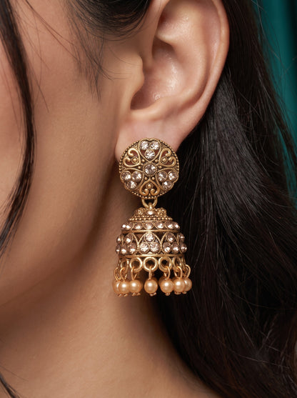 Oxidised Gold Plated, Stone and Pearl Studded Jhumka Earrings for Women and Girls