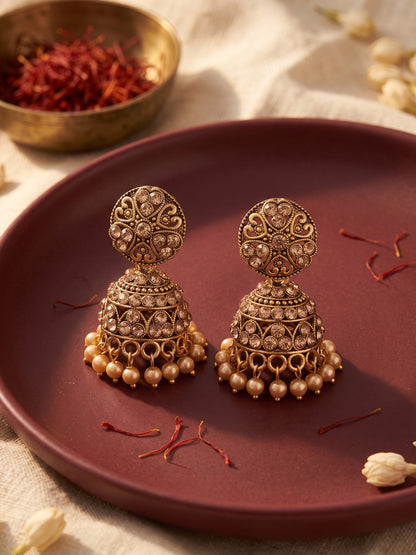 Oxidised Gold Plated, Stone and Pearl Studded Jhumka Earrings for Women and Girls