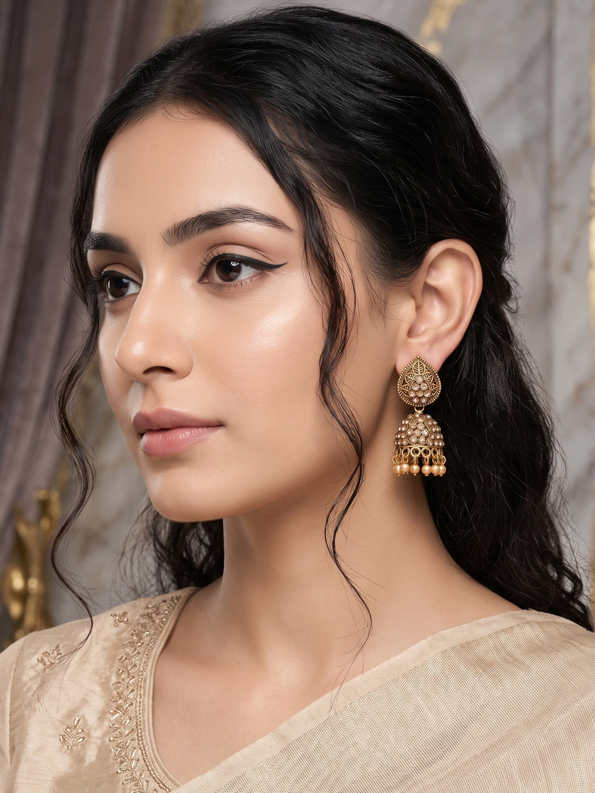 Oxidised Gold Plated, Stone and Pearl Studded Jhumka Earrings for Women and Girls