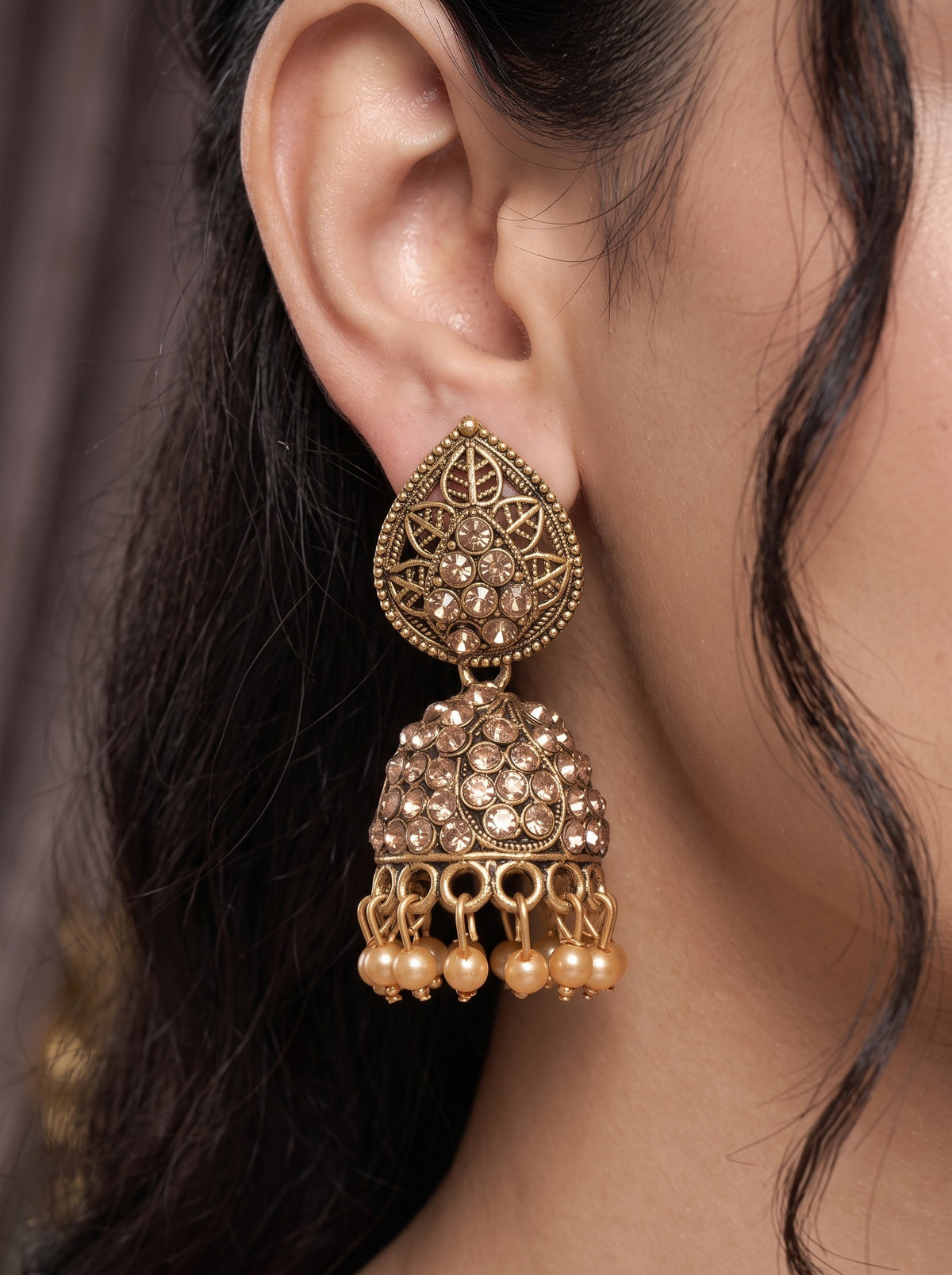 Oxidised Gold Plated, Stone and Pearl Studded Jhumka Earrings for Women and Girls