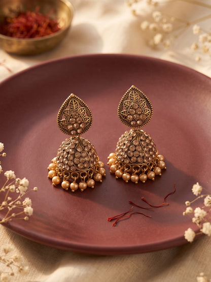 Oxidised Gold Plated, Stone and Pearl Studded Jhumka Earrings for Women and Girls