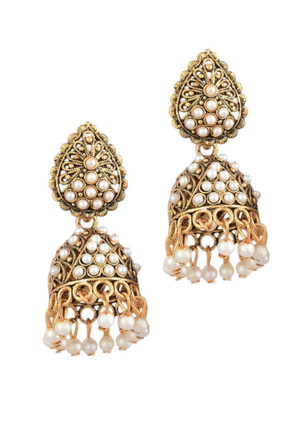 Oxidised Gold Plated, Stone and Pearl Studded Jhumka Earrings for Women and Girls