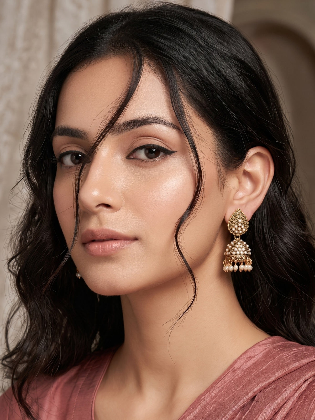 Oxidised Gold Plated, Stone and Pearl Studded Jhumka Earrings for Women and Girls