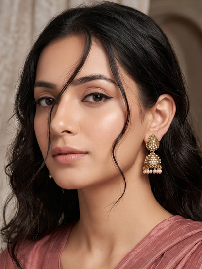 Oxidised Gold Plated, Stone and Pearl Studded Jhumka Earrings for Women and Girls