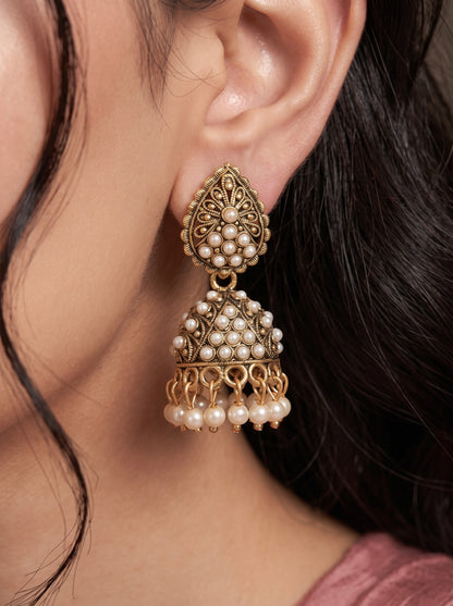Oxidised Gold Plated, Stone and Pearl Studded Jhumka Earrings for Women and Girls