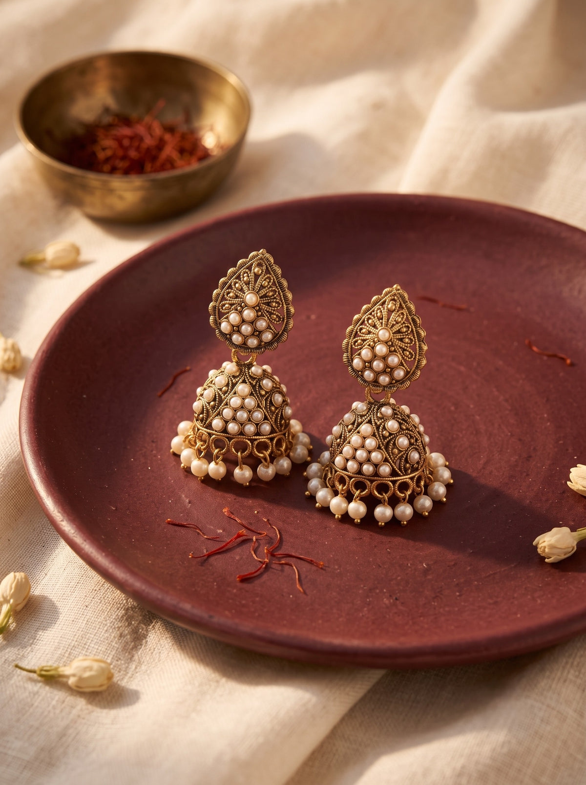 Oxidised Gold Plated, Stone and Pearl Studded Jhumka Earrings for Women and Girls