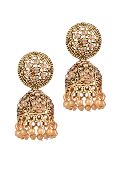 Oxidised Gold Plated, Stone and Pearl Studded Jhumka Earrings for Women and Girls