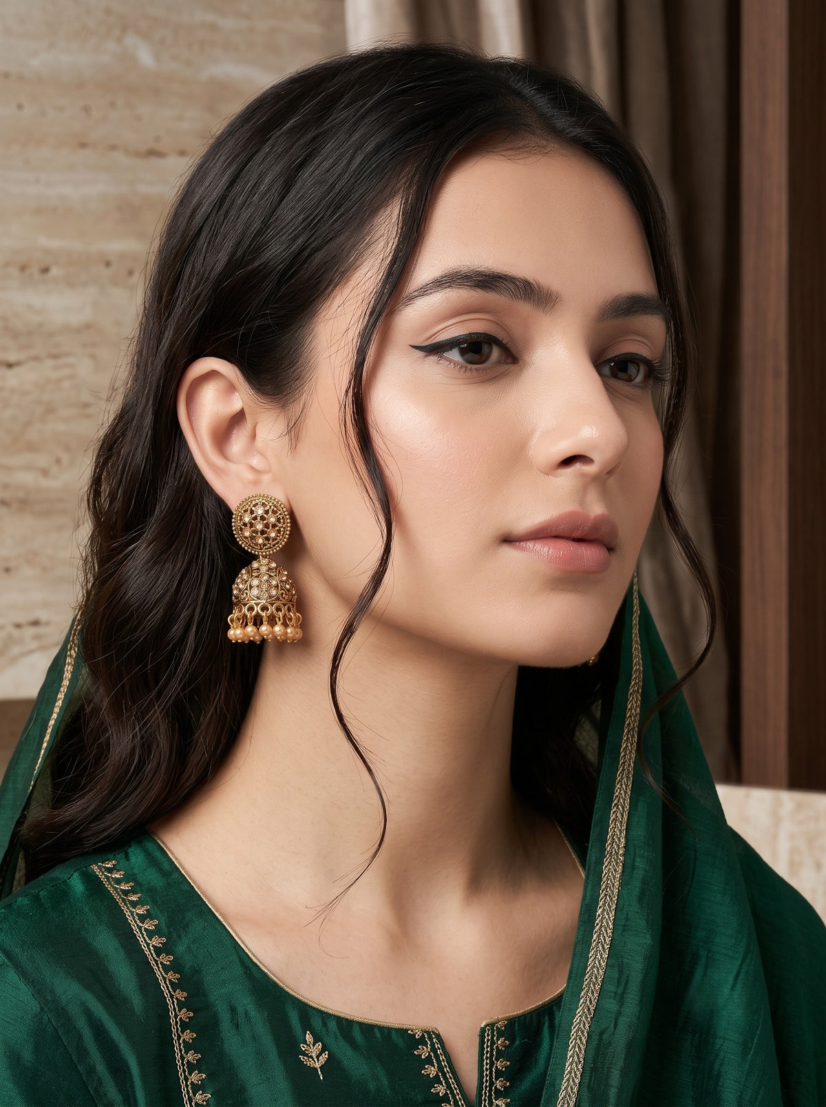 Oxidised Gold Plated, Stone and Pearl Studded Jhumka Earrings for Women and Girls