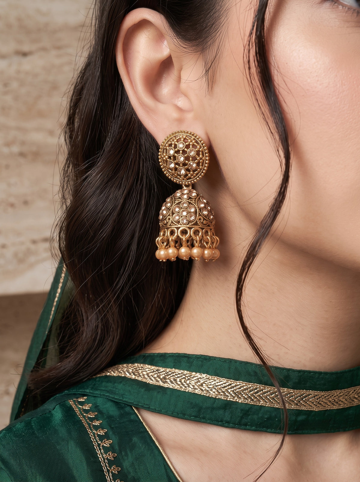Oxidised Gold Plated, Stone and Pearl Studded Jhumka Earrings for Women and Girls