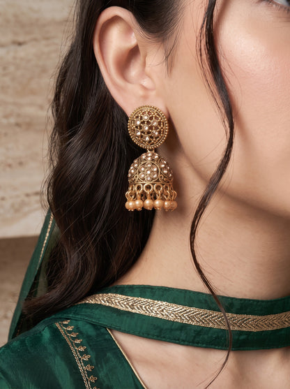 Oxidised Gold Plated, Stone and Pearl Studded Jhumka Earrings for Women and Girls