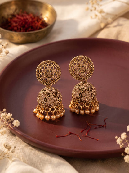 Oxidised Gold Plated, Stone and Pearl Studded Jhumka Earrings for Women and Girls