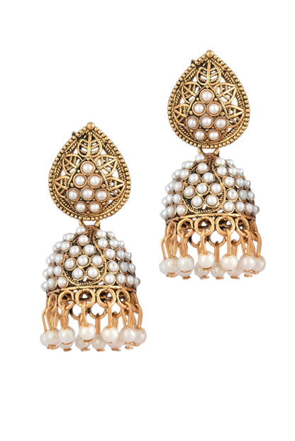 Oxidised Gold Plated, Stone and Pearl Studded Jhumka Earrings for Women and Girls