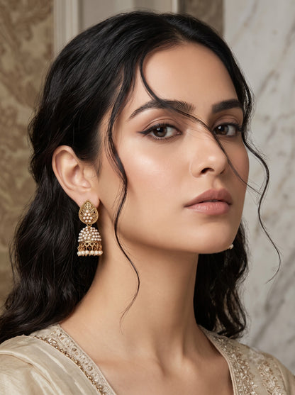 Oxidised Gold Plated, Stone and Pearl Studded Jhumka Earrings for Women and Girls