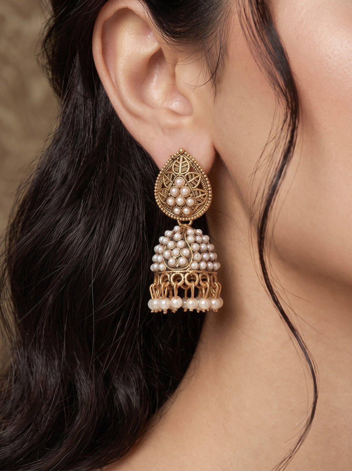 Oxidised Gold Plated, Stone and Pearl Studded Jhumka Earrings for Women and Girls