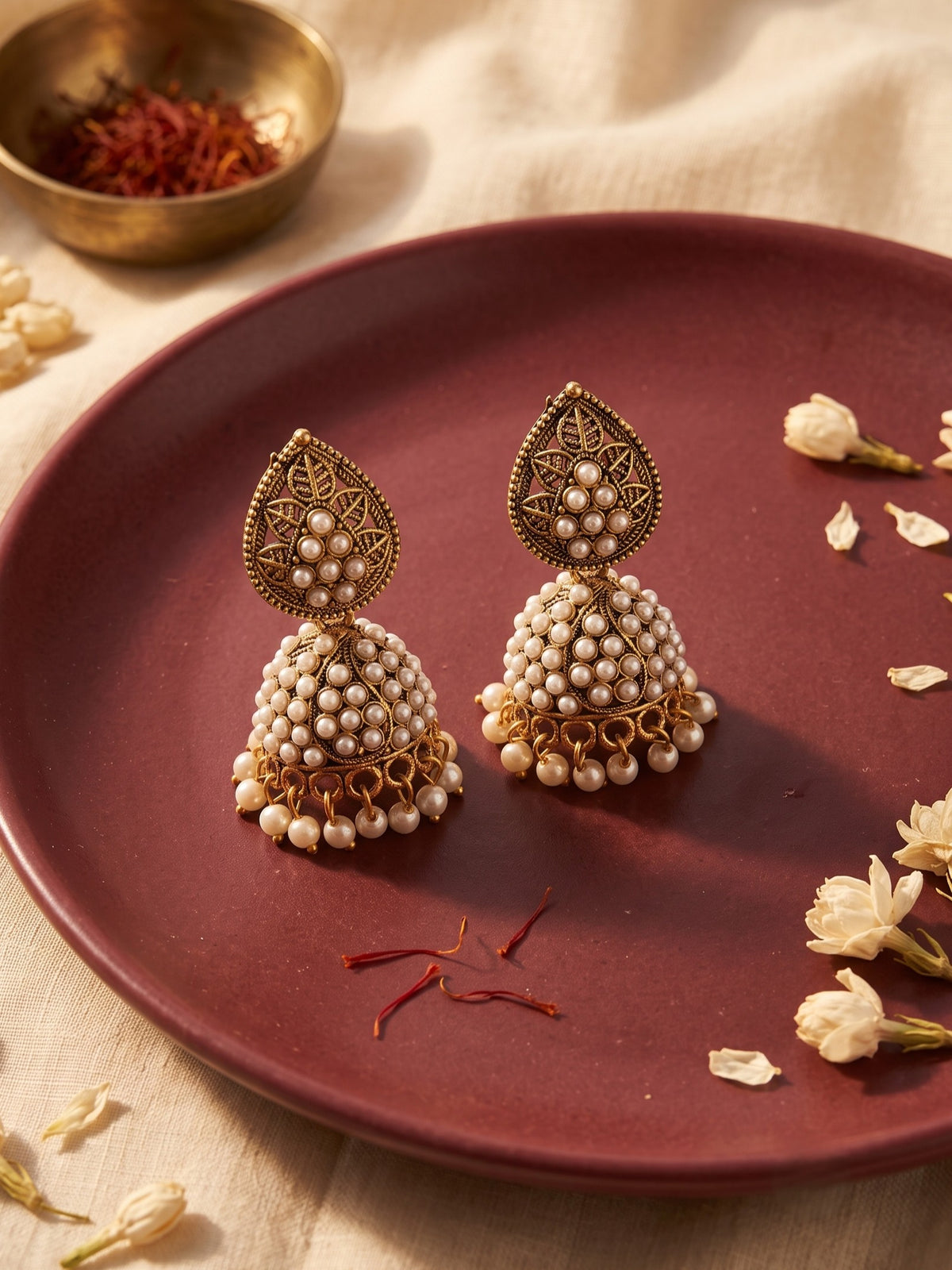 Oxidised Gold Plated, Stone and Pearl Studded Jhumka Earrings for Women and Girls