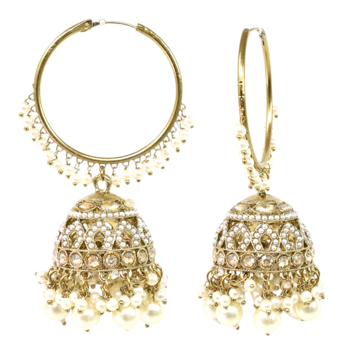 Meira Jewellery Gold Plated Traditional Bali Jhumka Hoop Earrings with Pearl Drops for Women Kundan Dome Jhumki with Beaded Pearl, Festive Wedding Party Statement Earrings, Indian Ethnic Jewellery-01