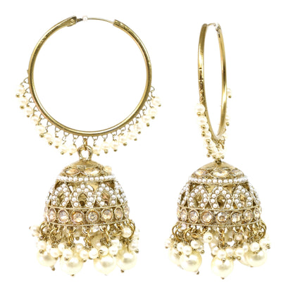 Meira Jewellery Gold Plated Traditional Bali Jhumka Hoop Earrings with Pearl Drops for Women Kundan Dome Jhumki with Beaded Pearl, Festive Wedding Party Statement Earrings, Indian Ethnic Jewellery-01