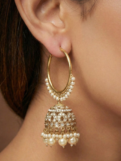 Meira Jewellery Gold Plated Traditional Bali Jhumka Hoop Earrings with Pearl Drops for Women Kundan Dome Jhumki with Beaded Pearl, Festive Wedding Party Statement Earrings, Indian Ethnic Jewellery-01