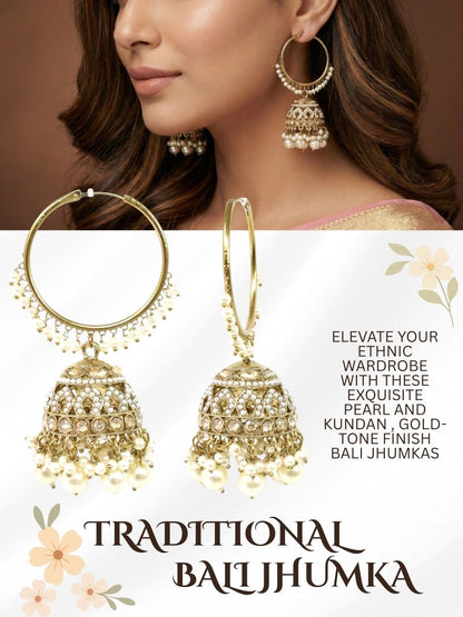 Meira Jewellery Gold Plated Traditional Bali Jhumka Hoop Earrings with Pearl Drops for Women Kundan Dome Jhumki with Beaded Pearl, Festive Wedding Party Statement Earrings, Indian Ethnic Jewellery-01