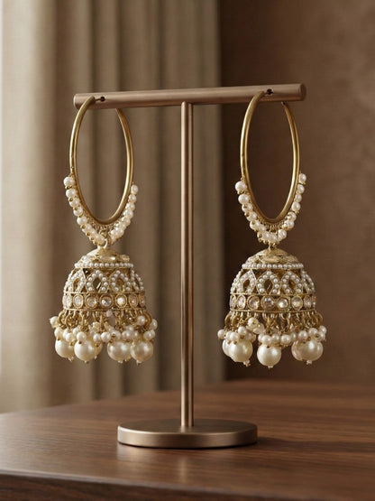 Meira Jewellery Gold Plated Traditional Bali Jhumka Hoop Earrings with Pearl Drops for Women Kundan Dome Jhumki with Beaded Pearl, Festive Wedding Party Statement Earrings, Indian Ethnic Jewellery-01