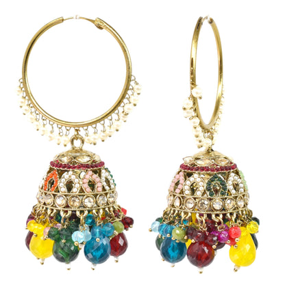 Meira Jewellery Gold Plated Multicolor Beaded Bali Jhumka Hoop Earrings for Women, Traditional Kundan Jhumki with Colorful Drops, Ethnic Festive Wedding Party Statement Earrings, Indian Jewellery-01